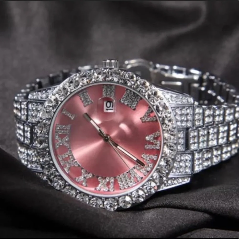 Silver pink  watch ,THE HIP HOP Big Dial Full Iced Out ,Men Watches
